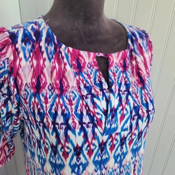 Chico’s Pastel Ikat Print Keyhole Short Dress Warm Multi Size 0 Small Blue Pink - Picture 12 of 12